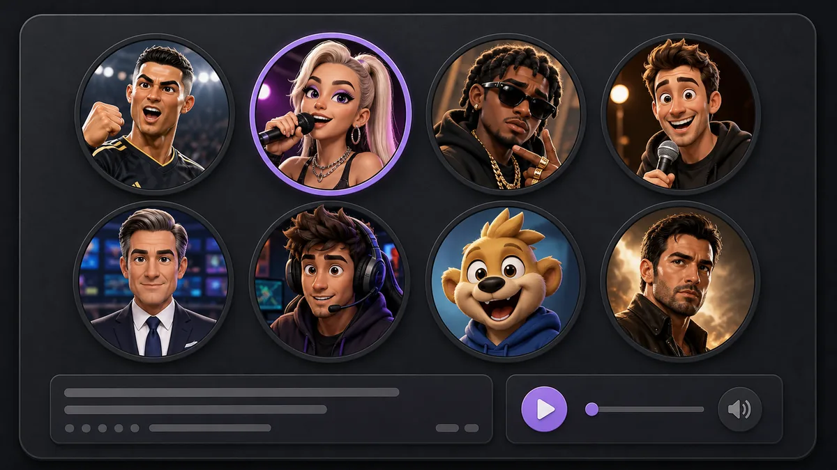 Celebrity voice roster with stylized footballer, singer, rapper, host, gamer, mascot, and narrator avatars.