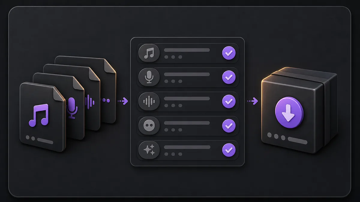 Clean export workflow showing audio files, quality checks, and a download package.