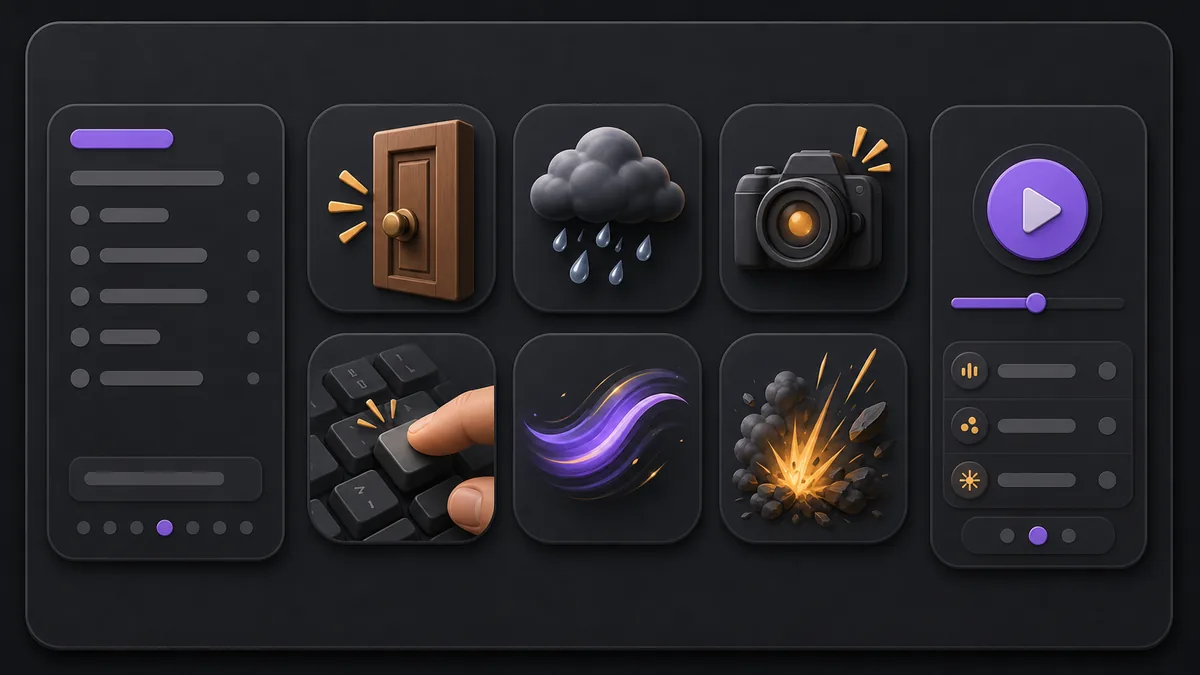 Sound Effects workflow showing prompt input, sound idea thumbnails, and an output player.