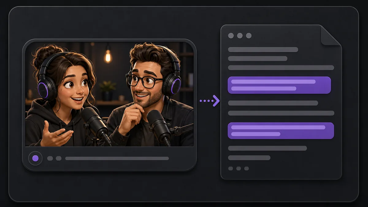 Speech to Text workflow showing a podcast conversation becoming highlighted transcript rows.