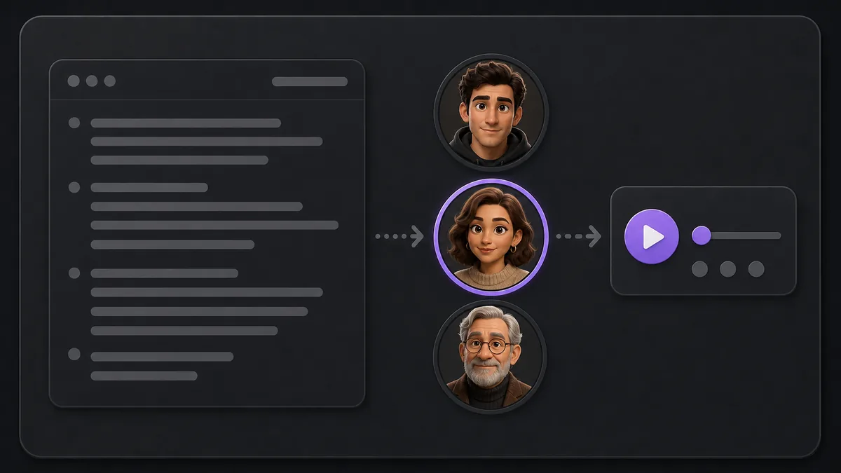 Text to Speech workflow showing a script, narrator choices, and audio playback.