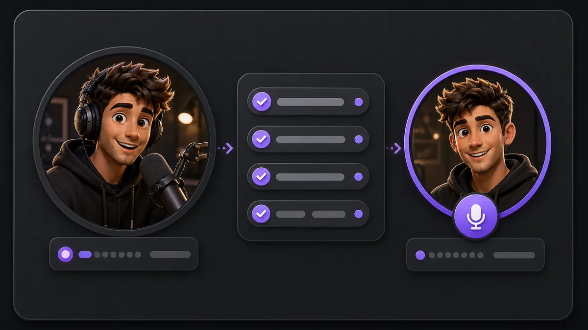 Voice cloning workflow showing a source recording, quality checks, and saved voice profile.