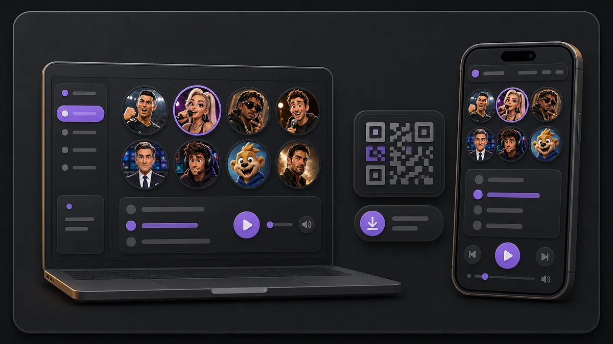 VoiceMate running across web, mobile, QR, and download surfaces.